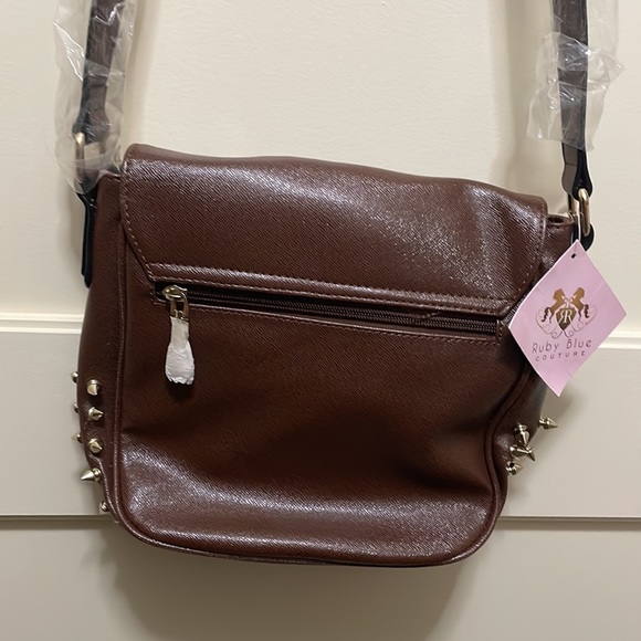 Ruby Blue Couture brown cruelty free hand bag 10” w 9”L spikes new $130 - Picture 7 of 9